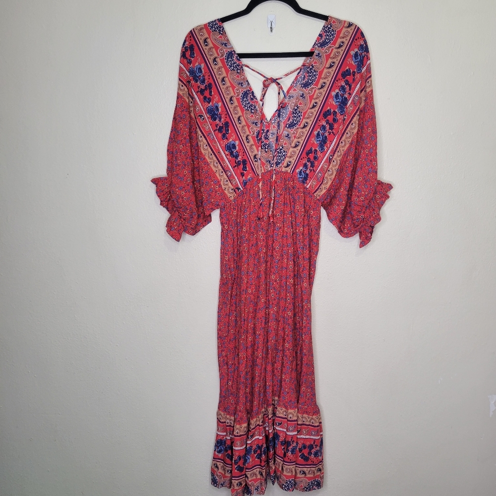 Umgee Red Boho Peasant High Low Back Tie Dress Size M